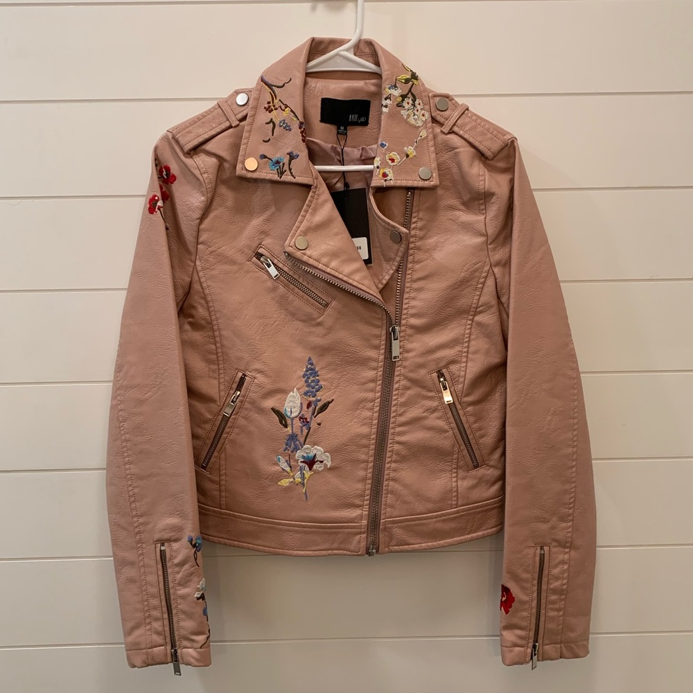 Blush Colored Embroidered Floral Faux Leather Moto Jacket
